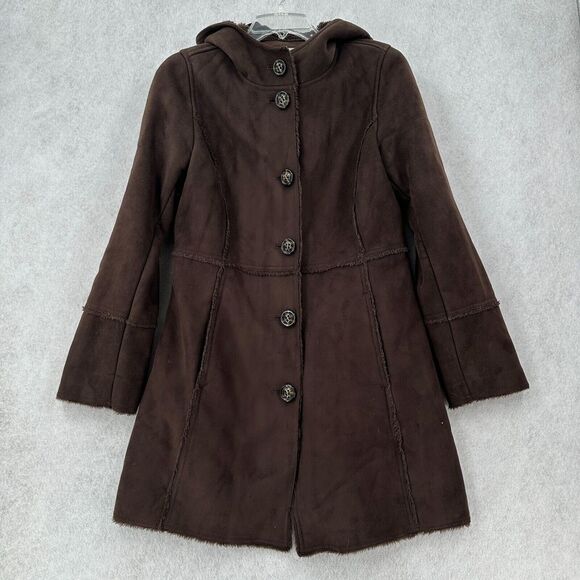 VTG Esprit Faux Fur Coat Womens SMALL Faux Suede Hooded Brown Chore Barn Jacket - Picture 1 of 12